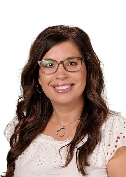 Amy Suarez, white shirt with glasses